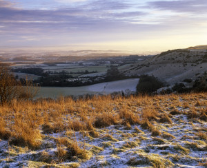 Brown grass with frost on ground in foreground, far reaching view across fields and hills, with purple and yellow sky, in background.