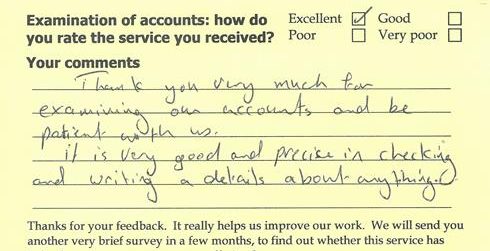Comment on account examination feedback card: Thank you very much for examining our account and be patient with us. It is very good in checking and writing a details about anything.