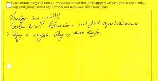 Comment on advice session:Thank you so much!!!! Excellent service!! Professionalism and great support/reassurance in helping us setting up charity.